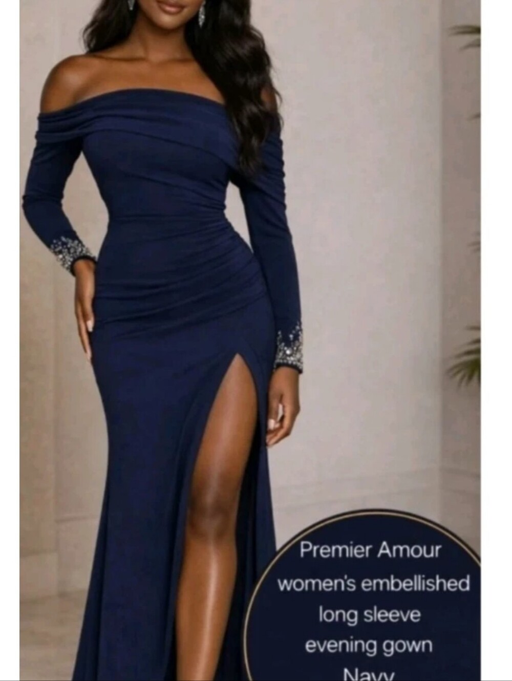 Long Sleeve Navy Cowl Neck Evening Gown